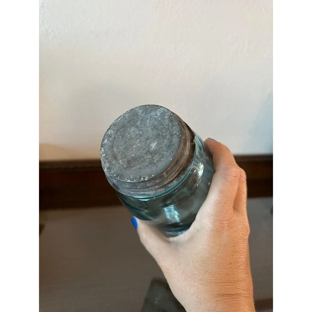 Antique Ball Mason Blue Quart Jar Zinc Lid Wavy Glass Air Bubbles Aqua #6